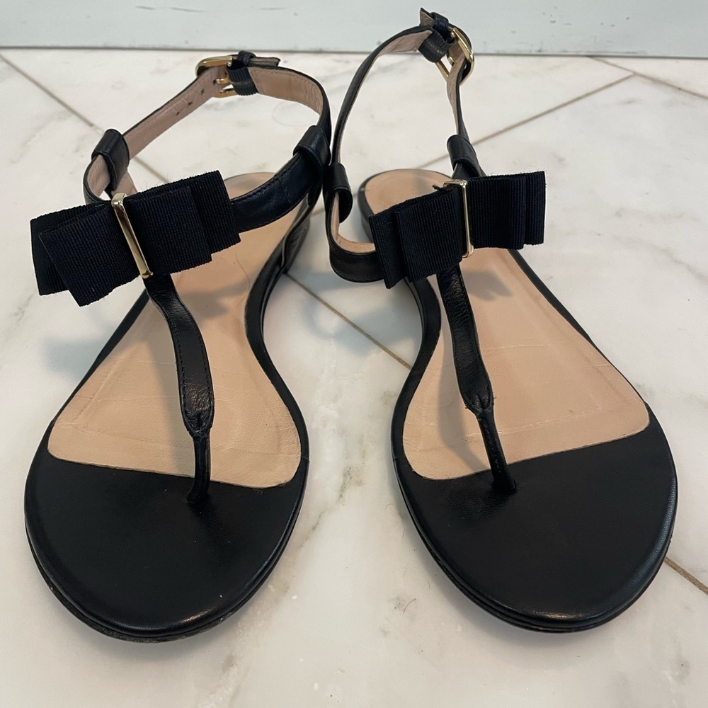 Club Monaco, euro 38 US 7.5, women’s black and tan leather t-strap bow tie flats